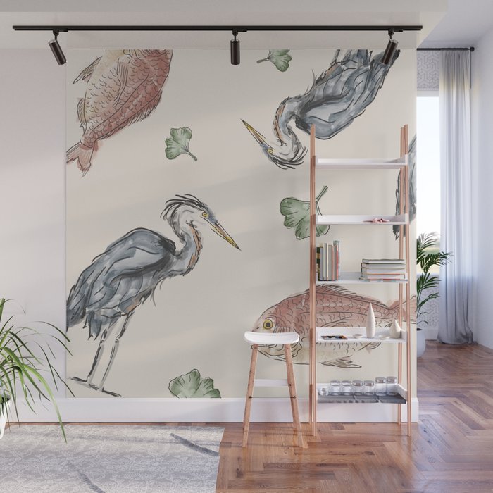 Heron and Fish Wall Mural