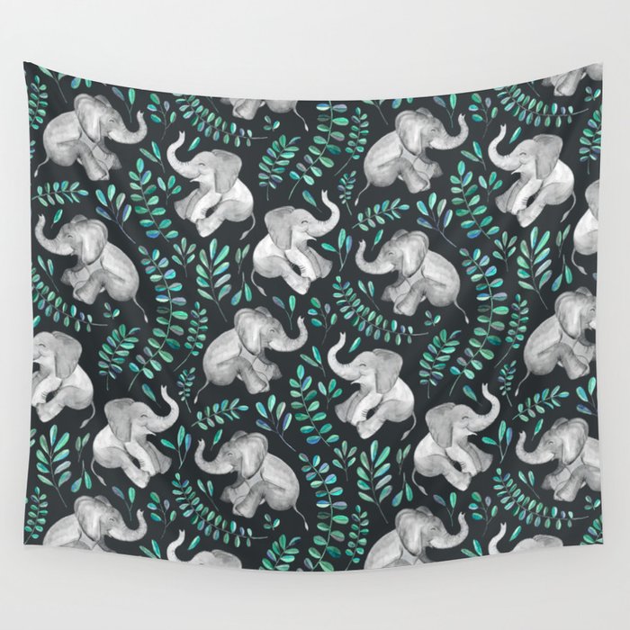 Laughing Baby Elephants – emerald and turquoise Wall Tapestry