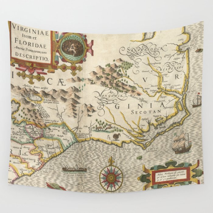 Vintage Map of North Carolina (1638) Wall Tapestry by BravuraMedia 
