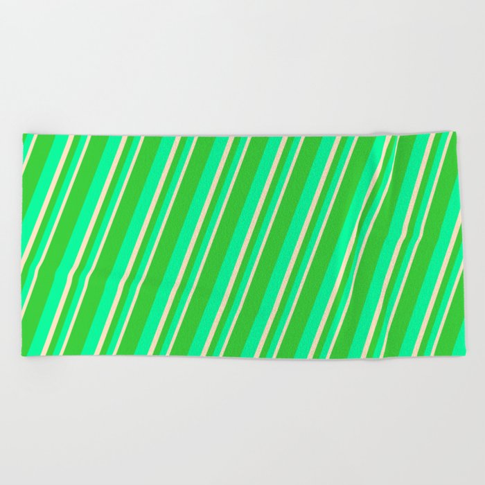 Lime Green, Green & Bisque Colored Stripes Pattern Beach Towel