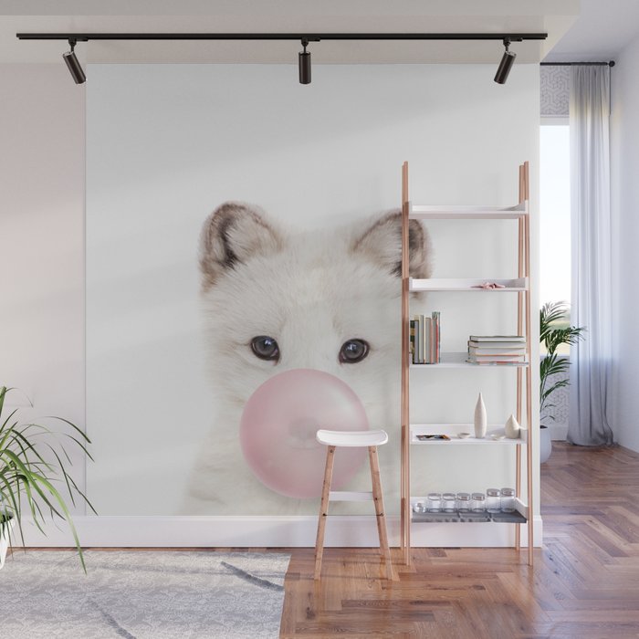 Baby Arctic Fox Blowing Bubble Gum, Pink Nursery, Baby Animals Art Print by Synplus Wall Mural