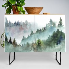Watercolor Pine Forest Mountains in the Fog Credenza