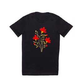 Blooming red summer flowers with golden leaves. Elegant classy cute feminine floral gorgeous botanical vintage green design. Gift ideas for flower and nature lovers. T Shirt