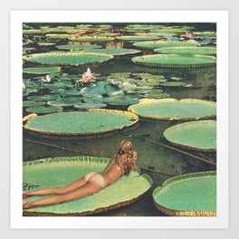 LILY POND LANE by Beth Hoeckel Kunstdrucke | Tan, Vintage, Paper, Summer, Collage, Green, Pond, Digital, Woman, Lilypad 