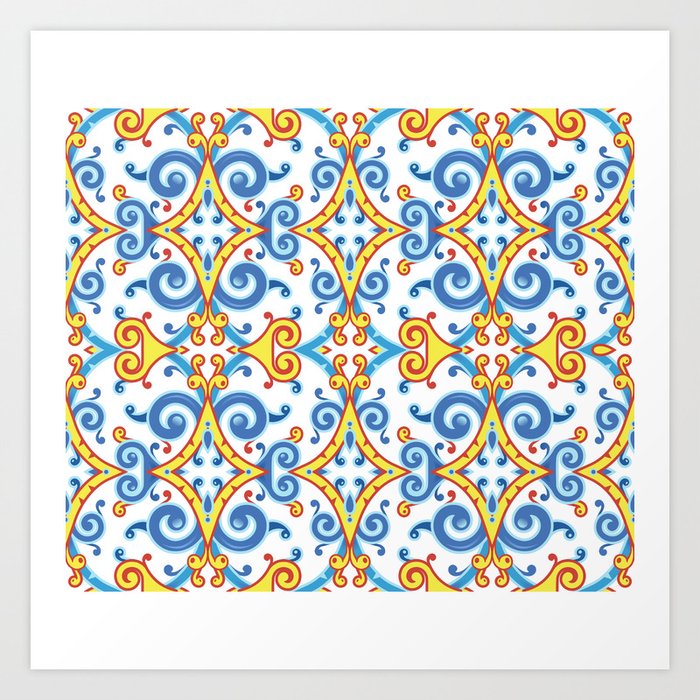 Pattern in Majolica Style. Blue and Gold Colors on White Art Print