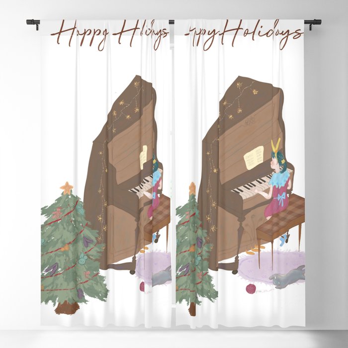 Happy holidays music and Christmas trees Blackout Curtain