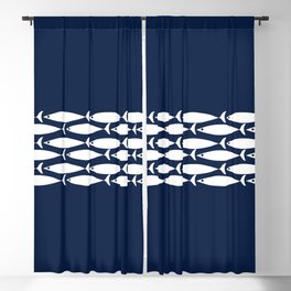 Fish Stripe 6 Minimalist Midcentury Modern Ocean Pattern in White and Nautical Navy Blue Blackout Curtain