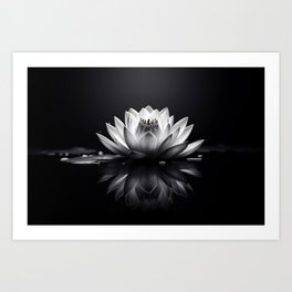 White lotus flower in black silhouette Art Print