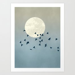 Flock of birds at full moon Art Print