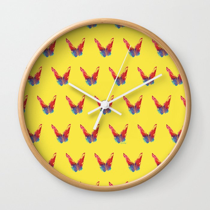 Abstract red and blue butterfly with fan and yellow background Wall Clock