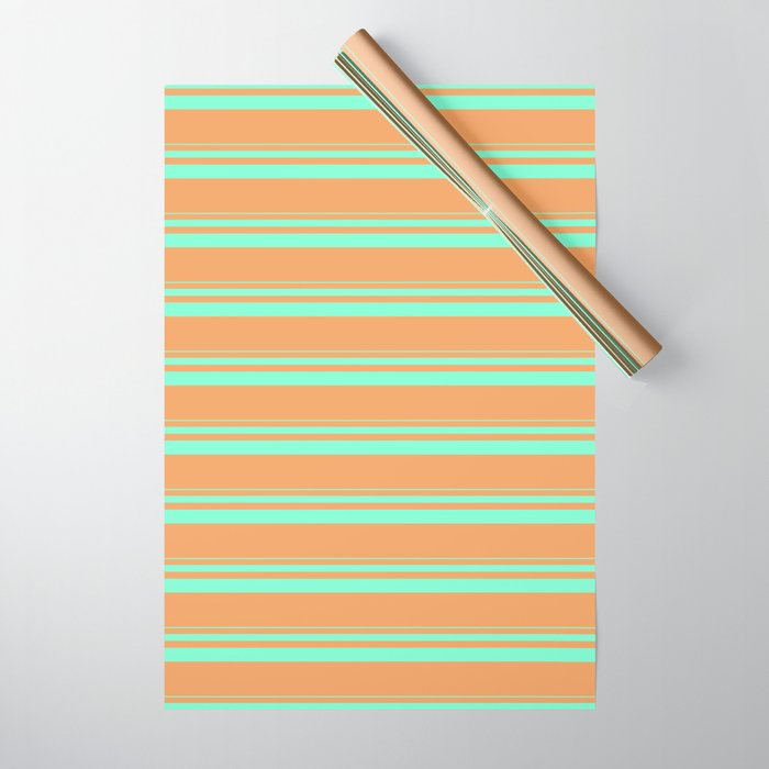 Aquamarine and Brown Colored Lined Pattern Wrapping Paper