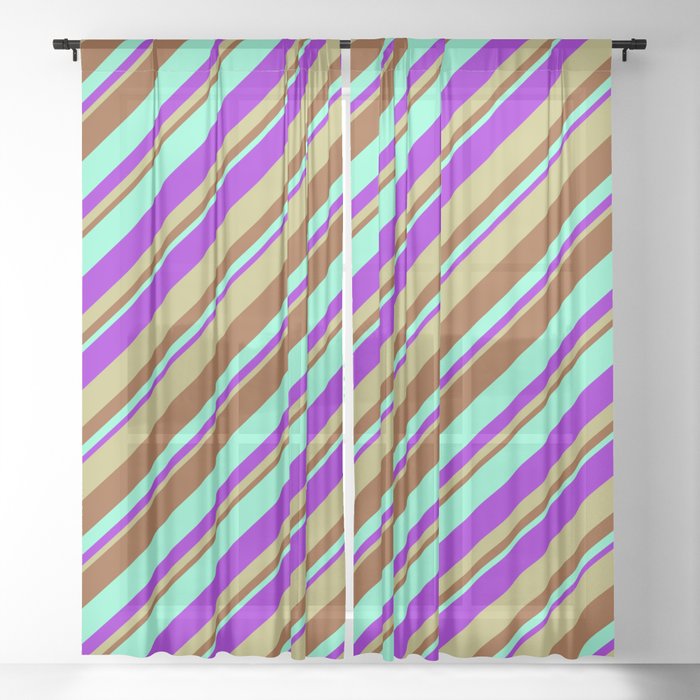 Aquamarine, Dark Violet, Dark Khaki, and Brown Colored Stripes/Lines Pattern Sheer Curtain
