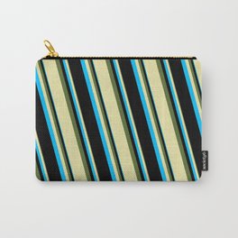 [ Thumbnail: Dark Olive Green, Pale Goldenrod, Deep Sky Blue, and Black Colored Pattern of Stripes Carry-All Pouch ]