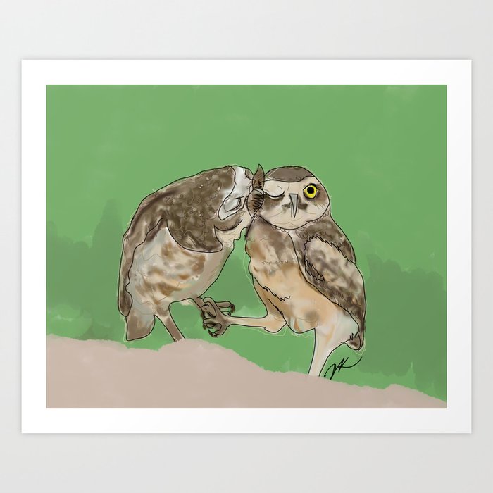 Kissing Owls Art Print