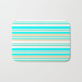 [ Thumbnail: White, Aqua & Tan Colored Striped/Lined Pattern Bath Mat ]