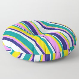 [ Thumbnail: Eye-catching Yellow, Violet, Midnight Blue, Light Cyan, and Dark Cyan Colored Stripes/Lines Pattern Floor Pillow ]