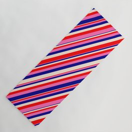 [ Thumbnail: Beige, Red, Hot Pink, and Dark Blue Colored Stripes/Lines Pattern Yoga Mat ]