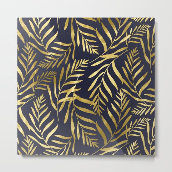 Gold Leaves on Navy Metal Print