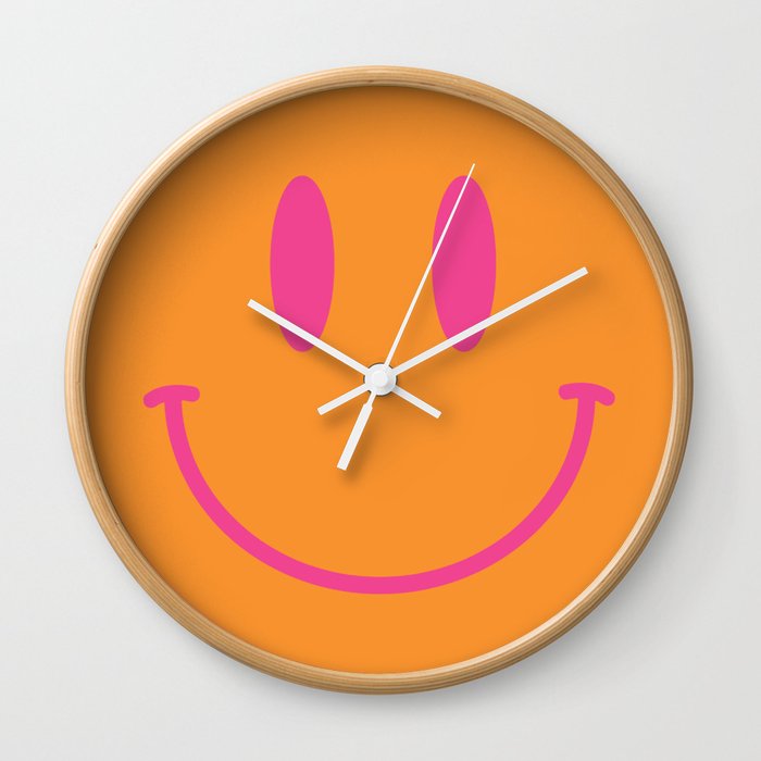 Large Pink and Orange Groovy Smiley Face Pattern - Retro Aesthetic  Wall Clock