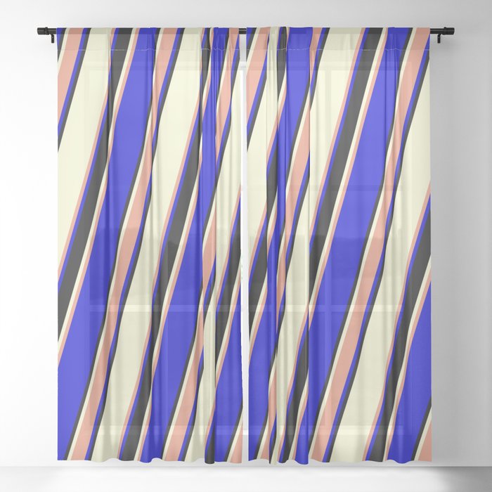 Light Yellow, Dark Salmon, Blue, and Black Colored Striped/Lined Pattern Sheer Curtain