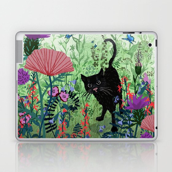 Black Cat in Garden Laptop & iPad Skin