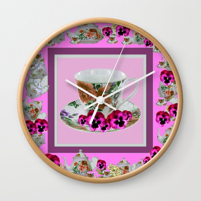 CERISE PANSY FLOWERS ANTIQUE TEA POTS & CUPS Wall Clock