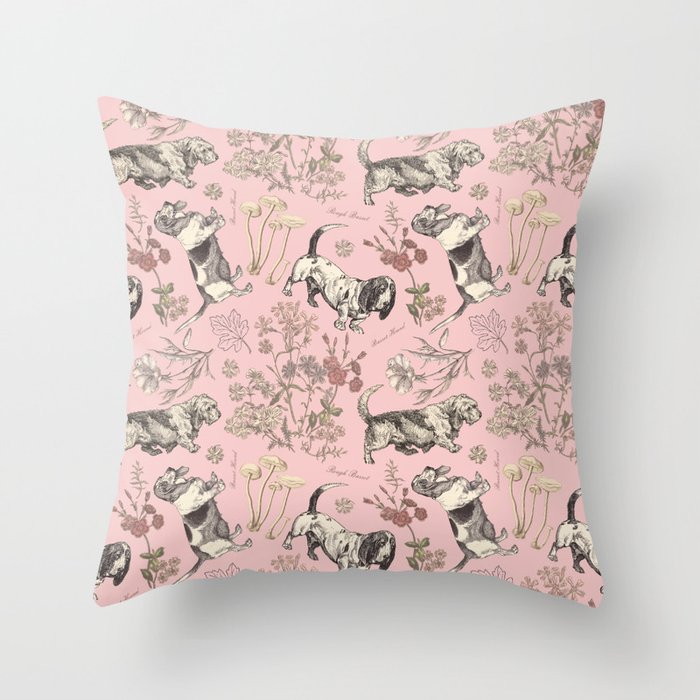 BASSET HOUND DOGS & MAGICAL MUSHROOMS - pink  Throw Pillow
