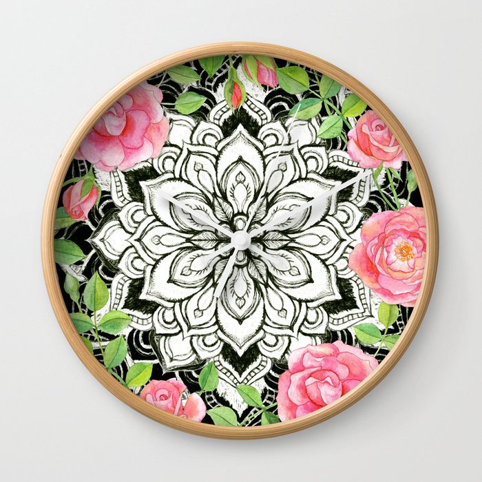 Peach Pink Roses and Mandalas on Black and White Lace Wall Clock