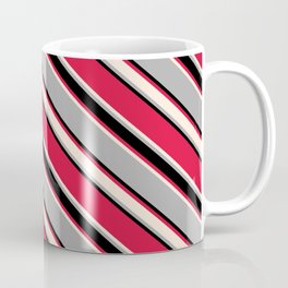 [ Thumbnail: Crimson, Beige, Dark Grey, and Black Colored Lined/Striped Pattern Coffee Mug ]
