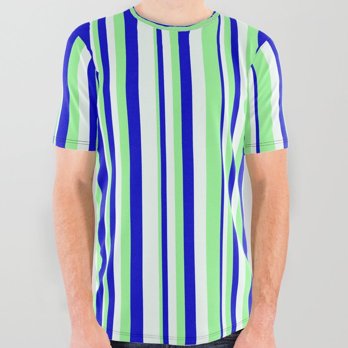 Mint Cream, Green, and Blue Colored Pattern of Stripes All Over Graphic Tee
