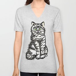 Expressive Sitting Cat Pose Illustration.  V Neck T Shirt