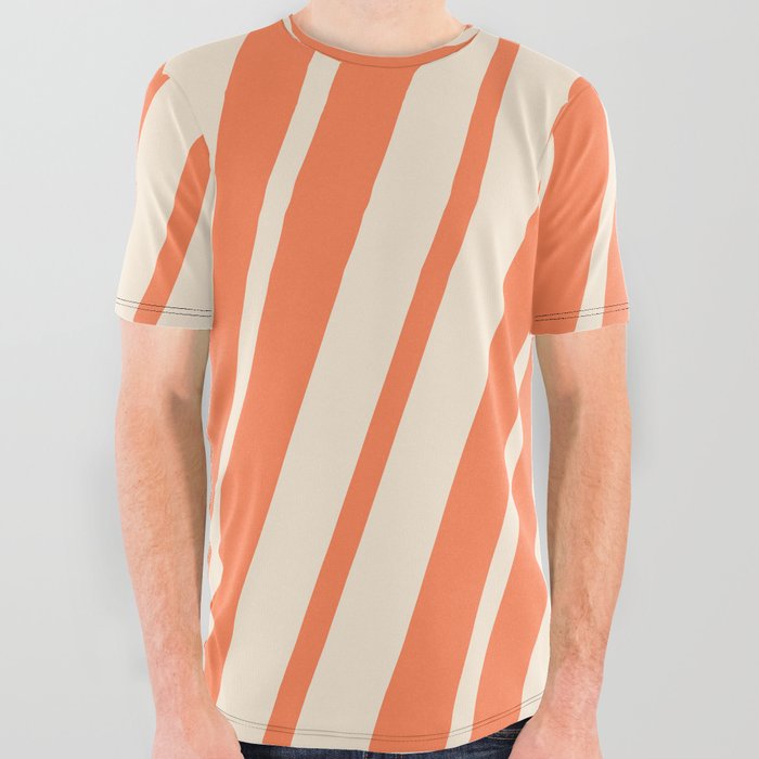 Coral & Beige Colored Pattern of Stripes All Over Graphic Tee