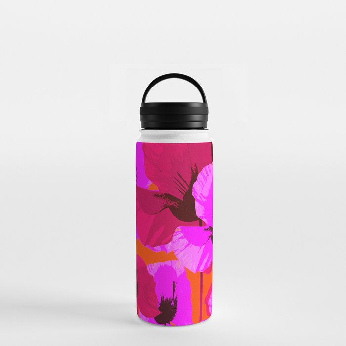 Pink And Red Poppies On A Orange Background - Summer Juicy Color Palette Retro Mood #decor #society6 Water Bottle