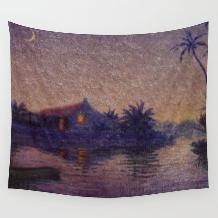 Moonlight Lagoon tropical landscape painting by Anna Woodward Wall Tapestry