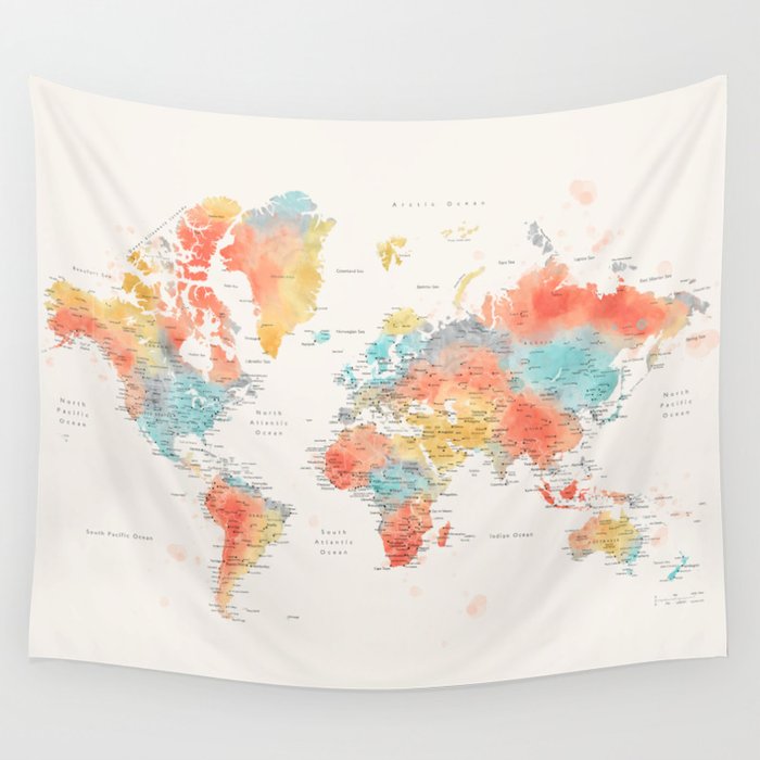 Colorful watercolor world map with cities Wall Tapestry by ...
