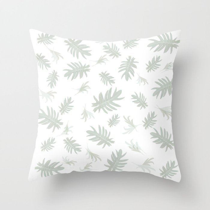 Palm leaves pattern light grey green autumn fall tropical white , society6 Throw Pillow