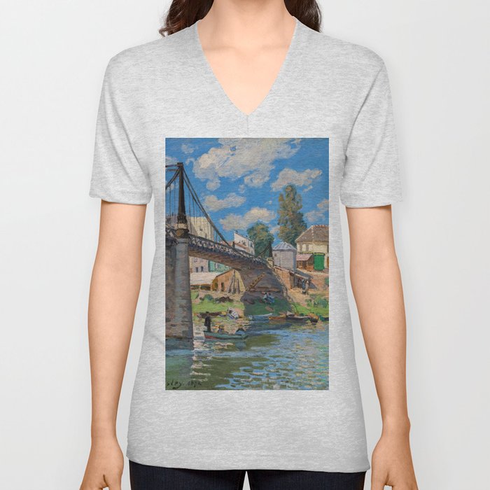 Alfred Sisley - The Bridge at Villeneuve-la-Garenne V Neck T Shirt