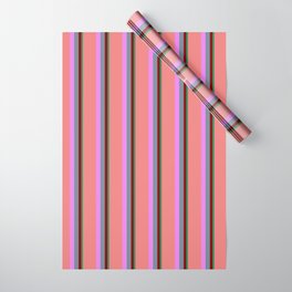 [ Thumbnail: Vibrant Sea Green, Maroon, Light Slate Gray, Violet & Light Coral Colored Stripes Pattern Wrapping Paper ]