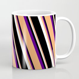 [ Thumbnail: Indigo, Brown, White & Black Colored Striped Pattern Coffee Mug ]