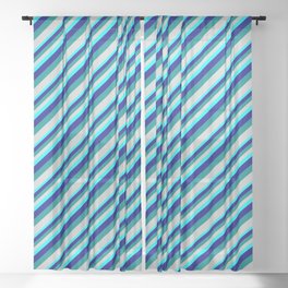 [ Thumbnail: Aqua, Blue, Dark Cyan, and Light Gray Colored Lined/Striped Pattern Sheer Curtain ]