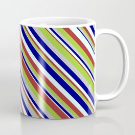 [ Thumbnail: Blue, Light Cyan, Brown, Green, and Grey Colored Striped Pattern Coffee Mug ]