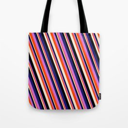 [ Thumbnail: Vibrant Midnight Blue, Orchid, Red, Beige & Black Colored Striped/Lined Pattern Tote Bag ]