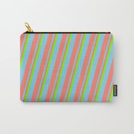 [ Thumbnail: Green, Sky Blue & Salmon Colored Pattern of Stripes Carry-All Pouch ]