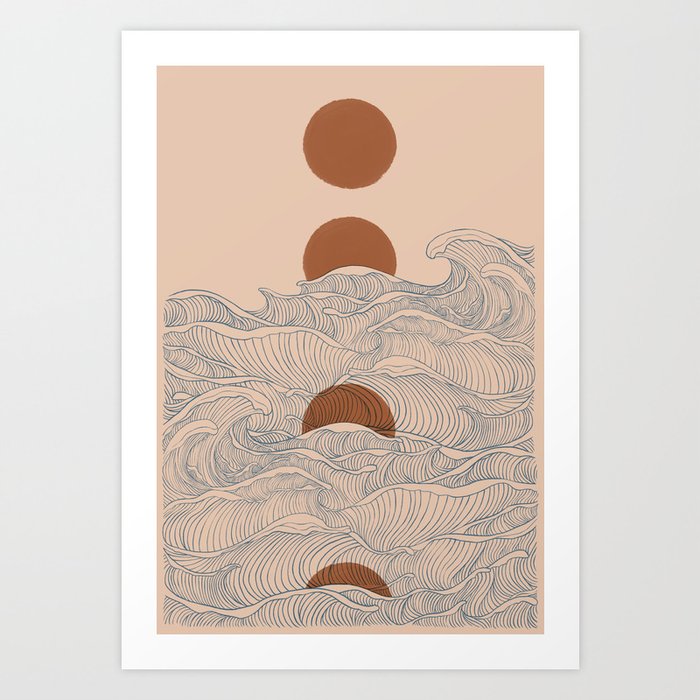 Vintage abstract landscape the great wave ocean sunset moon Art Print