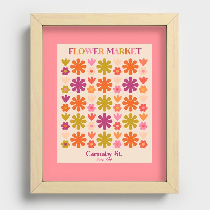 Flower Market Colorful Retro 60s 70s Floral Lime Orange Pink Cream Recessed Framed Print