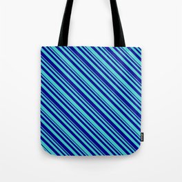 [ Thumbnail: Dark Blue & Turquoise Colored Striped/Lined Pattern Tote Bag ]