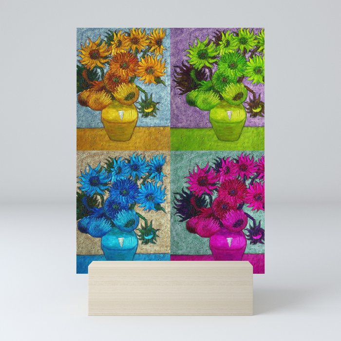 Vincent van Gogh Twelve Sunflowers in a vase still life colorful four-color collage portrait painting with pink, blue, and green sunflowers Mini Art Print