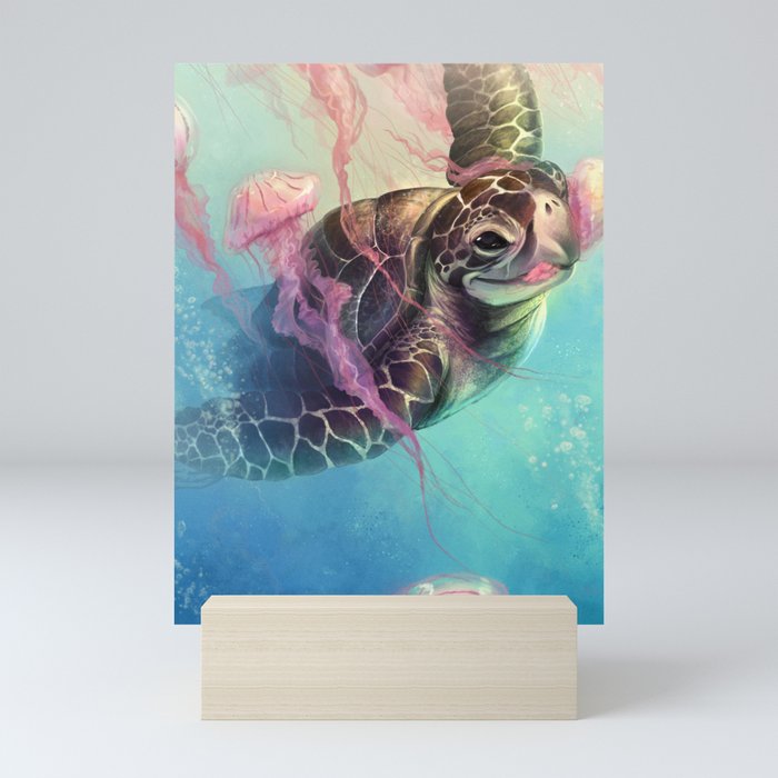 Sea Turtle and Jellyfish! Mini Art Print