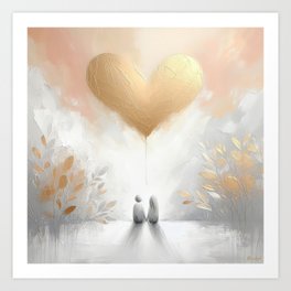 Couple in love with golden heart balloon Art Print