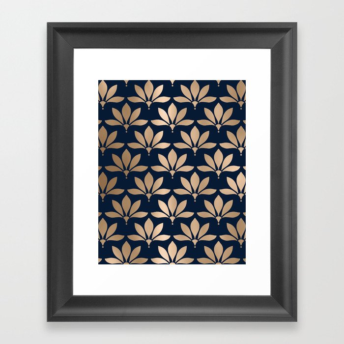Gold and Navy Art Deco Leaf Design Framed Art Print